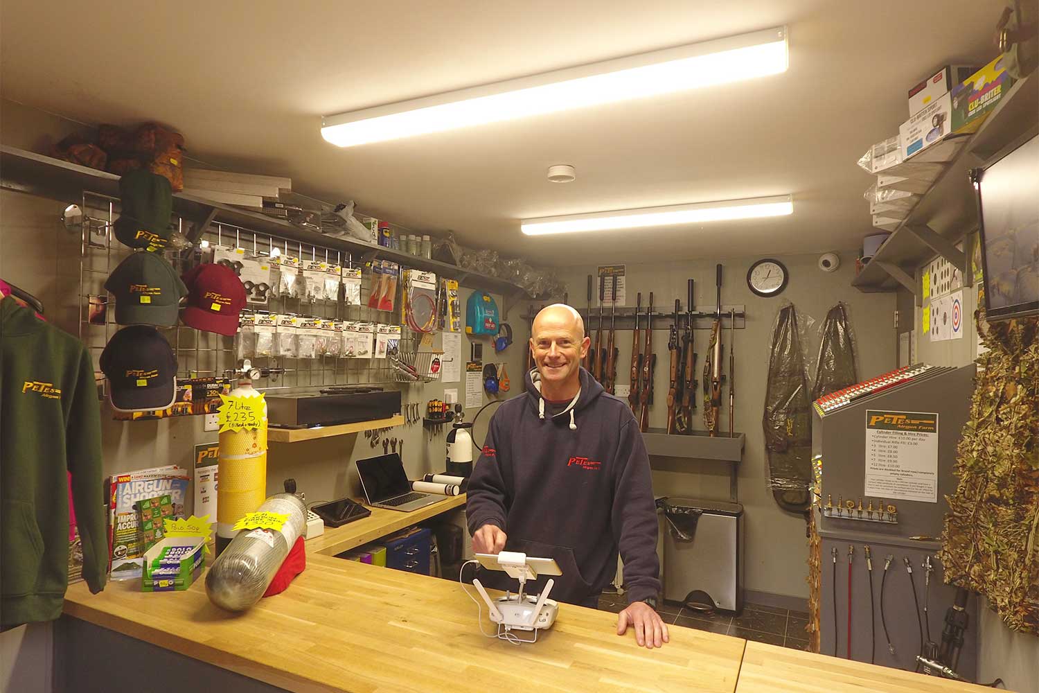 Pete in the shop. Looking cheerful!