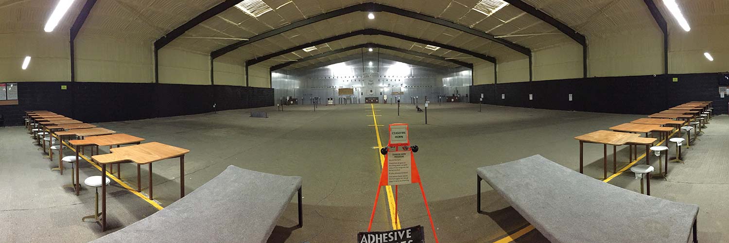 A panoramic photo of the Kings Court, heated indoor shooting range at Pete's airgun farm
